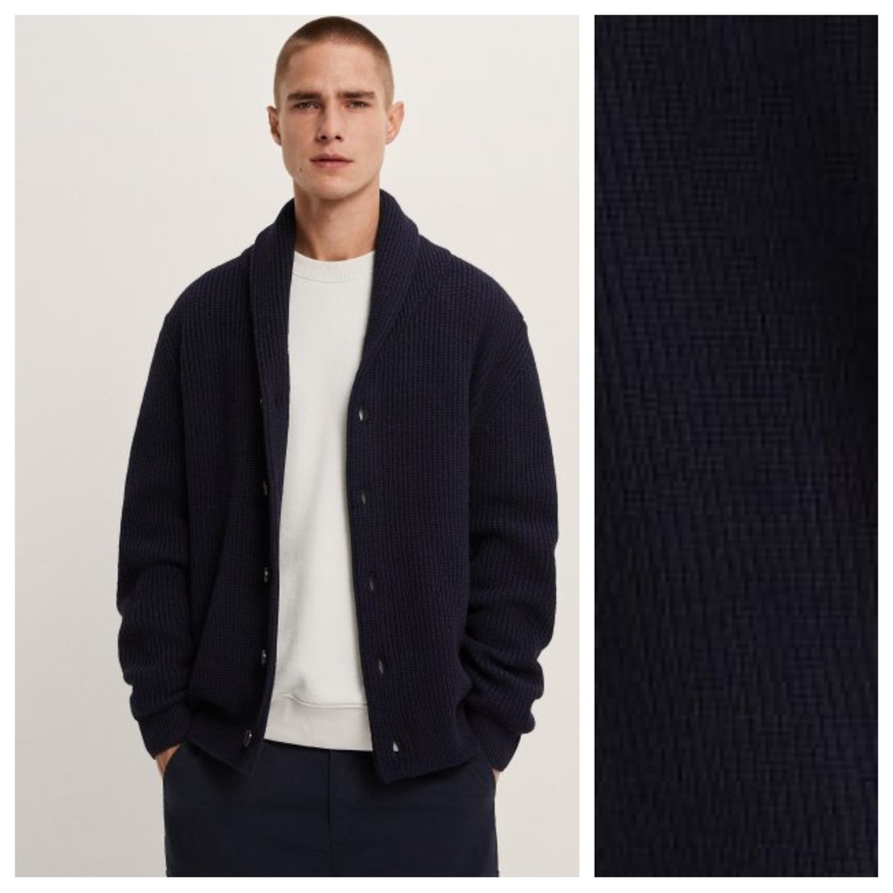 NWOT. Zara Man Navy Blue Wool Blend Shawl Collar Cardigan. Size M.